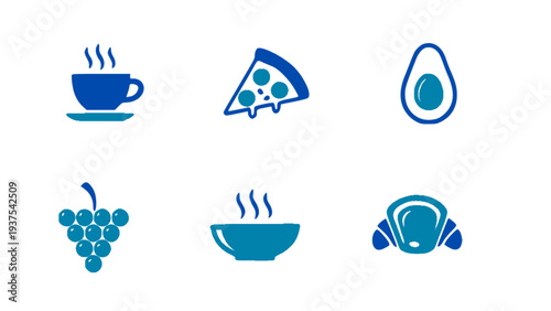 Simple blue food and beverage icon set featuring coffee, pizza, avocado, grapes, noodles, and seafood. Perfect for menu, app, and infographic design.