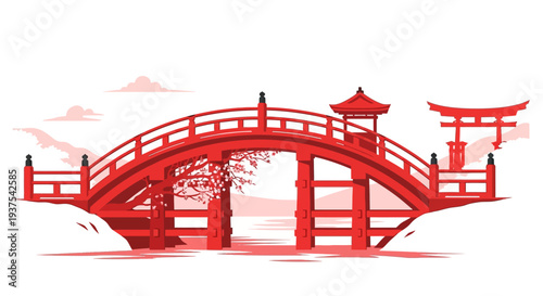 Red Japanese Bridge and Torii Gate