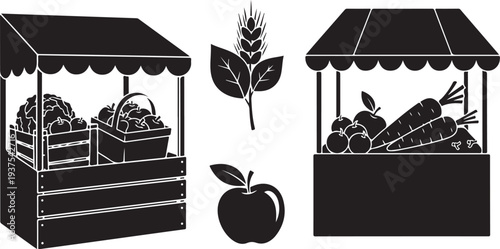 Black and white illustration of fruit and vegetable market stalls