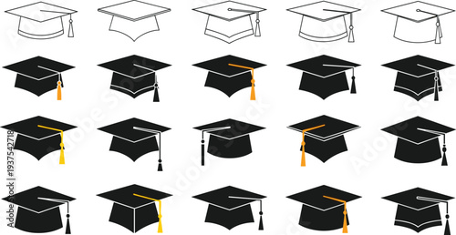 Solid silhouette vector graduation caps for Class of 2026, academic hat icons, student achievement symbols, university ceremony and education design elements.