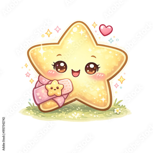 kawaii star with healing bandage, cute chibi star character with band-aid, adorable smiling star mascot illustration, pastel kawaii aesthetic design, comforting cute star artwork, soft yellow star wit