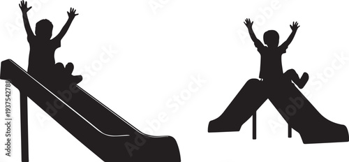 Black silhouette of a toddler sliding down a playground slide, arms raised in joy. Set of 2 black silhouette playground icons vector