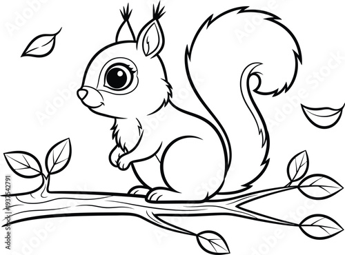 A cute cartoon squirrel sitting on a tree branch with leaves and acorns around