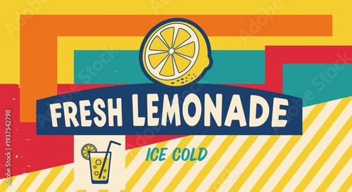 Colorful Fresh Lemonade Advertising Poster with Lemon Slice and Glass.