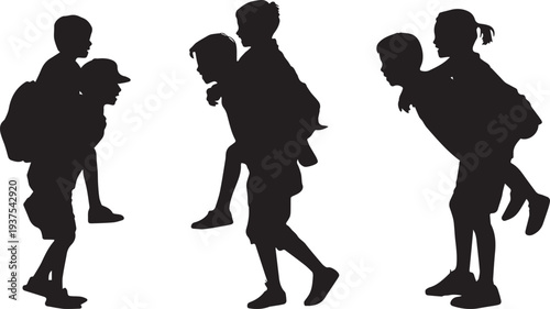 Black silhouette of an older sibling giving a piggyback ride to a younger one, joyful. Set of 3 black silhouettes of children