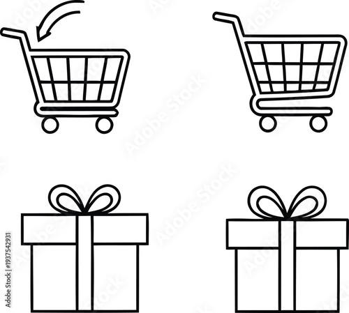 E commerce and gift icons in a simple line drawing style