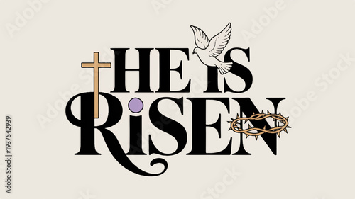 Easter typography with cross dove and crown on beige background he is risen inspirational quote vector art