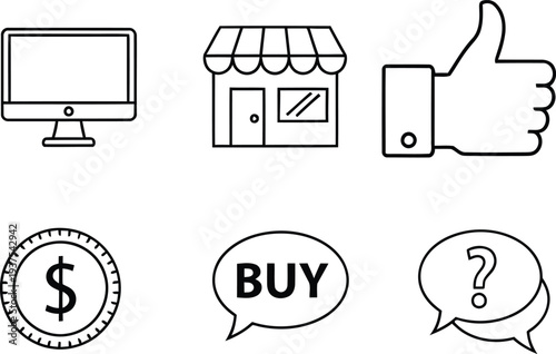 E commerce and online shopping icons with computer store thumbs up money buy and question