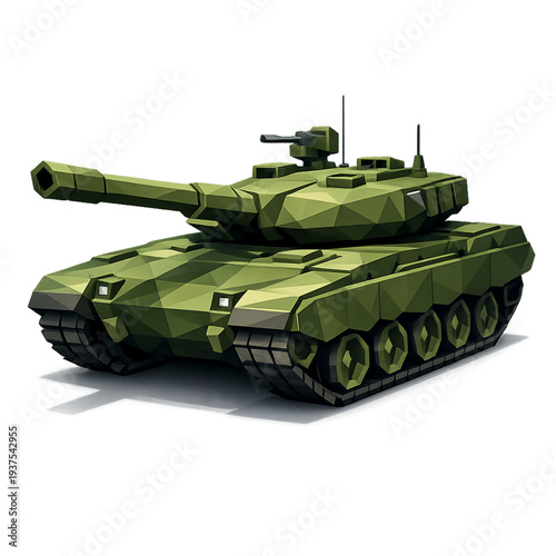 Low-poly military tank with cannon, geometric battle tank illustration, polygonal armored vehicle design, low poly army tank 3D style, faceted military vehicle artwork, modern polygon tank with turret
