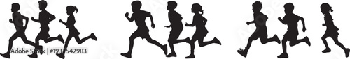 Silhouette of a group of three children running a race, different heights. Set of 8 running people silhouettes vector