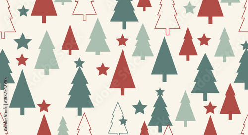 Christmas trees and stars pattern in red and green on white background.