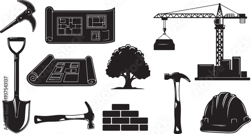 Construction site tools and equipment icons in black and white