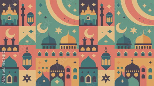 Vibrant ramadan kareem and eid al fitr abstract pattern with colorful mosques lanterns crescent moons and stars on a festive background