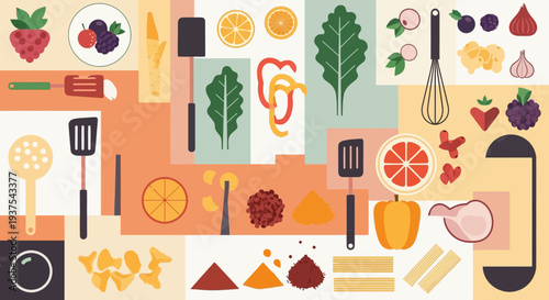 Assorted kitchen utensils and ingredients in a colorful flat design.