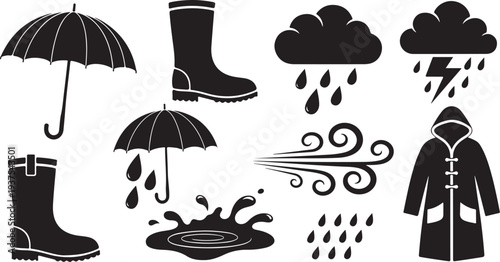 Rainy Day Icons and Weather Symbols in Black and White Color