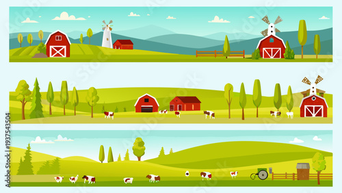 Panoramic countryside scene featuring barns windmills cows and rolling hills