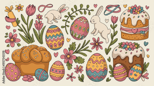 Vintage easter illustration with decorated eggs bunnies cakes flowers and pastries on cream background