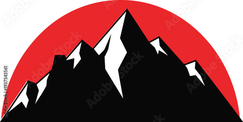 Solid silhouette vector mountain range peaks against red sunset sun background icon, outdoor adventure nature travel landscape design elements.