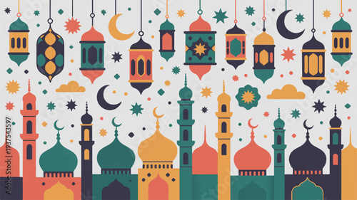 Vibrant ramadan kareem and eid al fitr abstract illustration with colorful lanterns mosques crescent moons and stars on white background symbolizing islamic festive atmosphere
