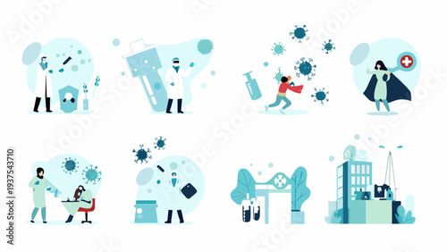 Illustrations depicting covid 19 pandemic response and healthcare workers