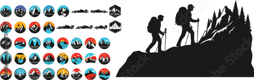 Solid silhouette vector hikers climbing mountain peak, outdoor adventure nature travel icons, landscape design elements for active lifestyle exploration.