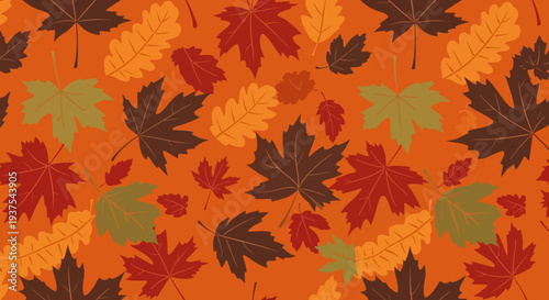 Vibrant autumn leaves pattern in orange background.