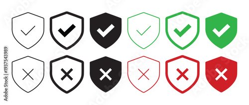 Vector Shield Icons Set with Checkmark and Cross Symbols for Cybersecurity Data Protection and Software Interface Design