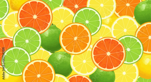 Assorted citrus fruits and slices in vibrant colors.