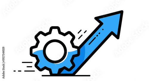 Gear mechanism with upward trending arrow indicating progress and development.
