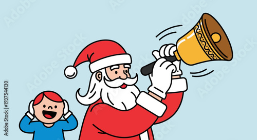 Cartoon Santa Claus ringing a bell with a surprised child in the background.