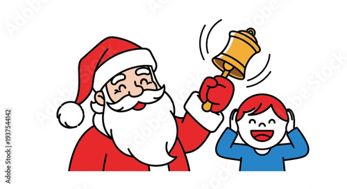 Cartoon Santa Claus ringing a bell near a surprised child.
