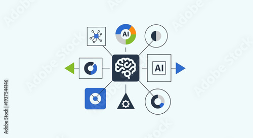 Artificial Intelligence Brain with Various Logos.