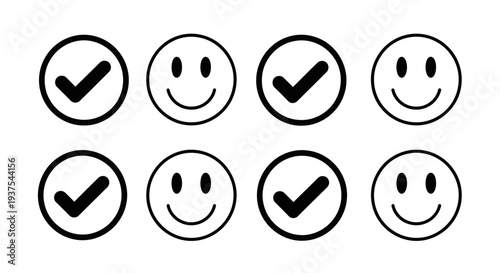 Set of black smiley faces and checkmarks in circular frames on white background.