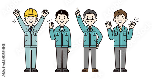 中小企業の経営者と、元気な複数の作業服を着た男性社員・作業員の全身ベクターイラスト素材セット