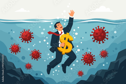 Businessman Drowning Underwater Clutching a Dollar Sign Symbolizing Economic Crisis and Financial Recession Caused by COVID-19 Coronavirus Pandemic Impact on Global Markets and Unemployment