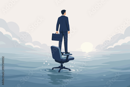Businessman in suit with briefcase standing on office chair floating in vast ocean looking at horizon, concept of career vision, job uncertainty, professional isolation, and future leadership.