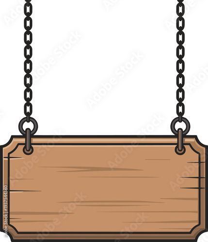 Blank hanging wooden signboard with black chain vector on white background.