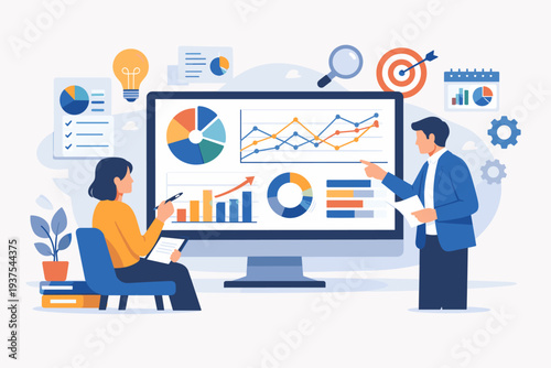 Business Data Analysis and Financial Research Illustration with Professional Team Reviewing Statistics, Charts, Graphs, and Growth Metrics on Large Computer Screen for Project Planning Success