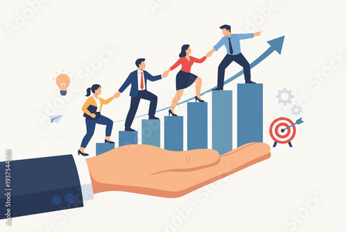 Business team climbing a growth bar chart held by a giant hand for employee development and talent management, representing career growth, teamwork, leadership, mentoring, and professional support.