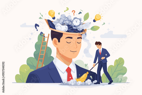 Mental Health and Productivity Concept with a Businessman Sweeping Away Brain Clutter, Tangled Thoughts, and Stress to Regain Focus, Enhance Creativity, and Achieve Mindfulness in the Workplace.
