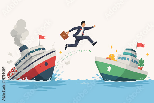 Businessman Jumping from Sinking Ship to Prosperous Vessel, Concept of Career Change, Escaping Bankruptcy, Moving from Failure to Success, Job Transition, Risk Management, and Financial Stability.