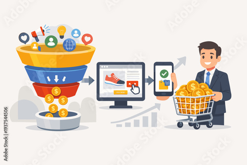 Sales funnel and digital marketing conversion rate concept showing customer journey from social media awareness to online purchase, businessman pushing shopping cart full of gold coins and profit.