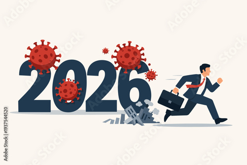 Businessman Running from 2026 Economic Crash and Financial Crisis Caused by Coronavirus Pandemic Outbreak, Global Market Collapse and Business Bankruptcy Concept Vector Illustration
