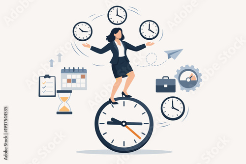 Businesswoman Balancing on a Large Clock and Juggling Multiple Clocks, Representing Time Management, Efficiency, Productivity, Multitasking, Project Planning, and Meeting Deadlines in Business.