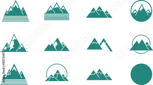 Solid silhouette vector teal mountain icons, rocky peak symbols, outdoor adventure nature travel landscape, minimalist hiking climbing design elements.