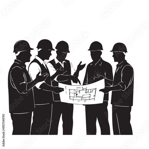 Construction team discussing blueprint together.