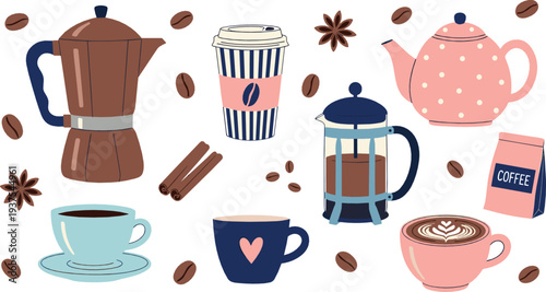 Cozy coffee illustration set with mugs teapot moka pot french press takeaway cup and coffee beans in warm flat style for cafe and lifestyle designs