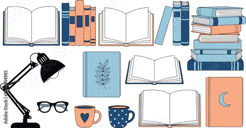 Cozy reading and study illustration set with books, lamp, mugs and glasses in flat vector style for education, learning and lifestyle design