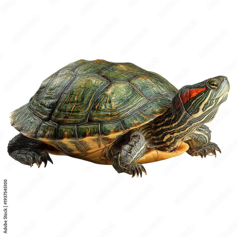 Obraz premium Red-Eared Slider Turtle with Detailed Shell Pattern isolated on a white background