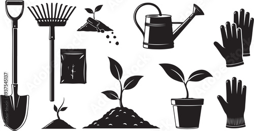 Gardening tools and plants in a simple black and white illustration